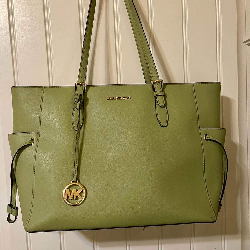 Michael Kors Green Structured Tote with Gold Hardware